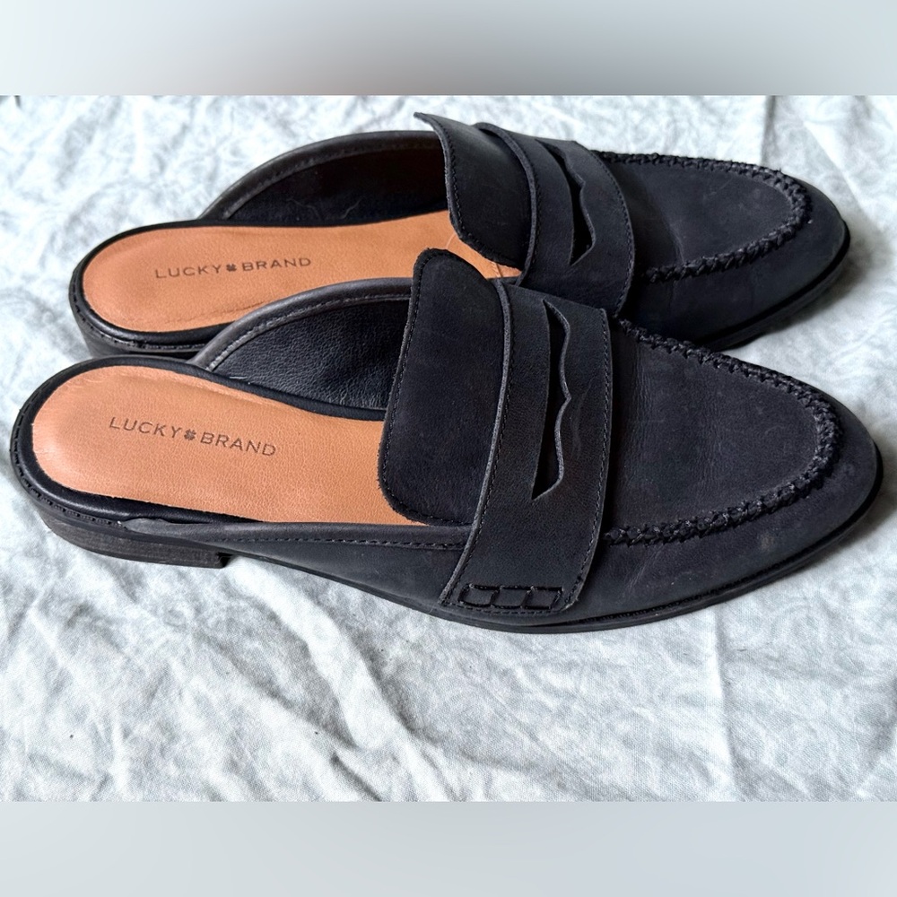 9.5M/41 Lucky Brand Black real Leather Slip-On Shoes mules mule fall